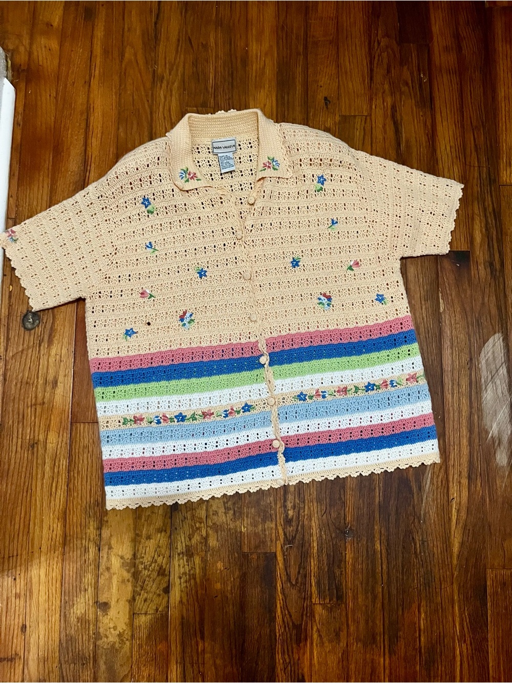 Peach Crochet Button-Front Kids Shirt with Colorful Stripes